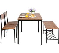 COSTWAY Table de salle à manger 4 pièces, Table de cuisine avec 2 chaises & 1 banc & étagère, Ensemble de salle à manger industriel, Table de salle à manger cadre métallique, Ensemble de table de bar