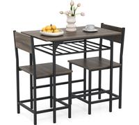 COSTWAY Table de salle à manger 80x52,5x77 cm, Ensemble de 3 pièces en bois avec 2 chaises, casier de rangement&cadre métallique, Petite table de cuisine pour 2, Ensemble de salle à manger Gris