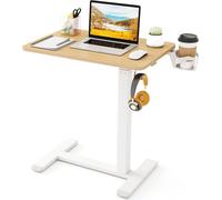 COSTWAY Table de soins avec roulettes cachées, table de lit réglable en hauteur avec porte-gobelet & crochets, table de malade, table d'appoint, naturel + blanc