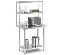 COSTWAY Table de Travail Cuisine 61 x 92 cm avec Étagère Supplémentaire à 2 Niveaux, Acier INOX, Plateau Inférieure Réglable, Charge 585 kg, pour Cuisine, Restaurant, Hôtel
