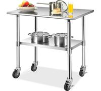COSTWAY Table de travail en acier inoxydable, table en acier inoxydable avec plateau réglable en hauteur, table de cuisine avec 4 roulettes universelles 91,5 x 61 x 88,5 cm