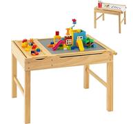 COSTWAY Table d'enfant 2 en 1 avec plateau réversible, table de jeu en bois de pin avec espace de rangement, barre latérale & rouleau de papier, table d'activités Lego pour enfants à partir de 3 ans (