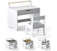 COSTWAY Table d'enfant, 3 en 1 Ensemble de sièges pour enfants avec espace de rangement, porte-rouleau de papier, plateau de table réversible &, Ensemble de sièges pour enfants à partir de 3+, Gris+Bl