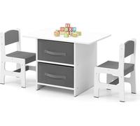 COSTWAY Table d'enfant avec 2 chaises, 3 PIÈCES. Ensemble de sièges pour enfants en bois avec 2 paniers amovibles & large plateau de table, table d'activité Meubles pour enfants