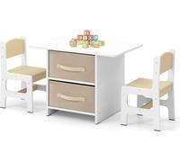 COSTWAY Table d'enfant avec 2 chaises, 3 PIÈCES. Ensemble de sièges pour enfants en bois avec 2 paniers amovibles & large plateau de table, table d'activité table de peinture avec espace de rangement