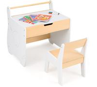COSTWAY Table d'enfant avec chaise, 3 en 1 ensemble de sièges pour enfants avec espace de rangement, porte-rouleau de papier, plateau réversible & table, ensemble de sièges pour enfants à partir de 3+