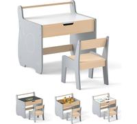 COSTWAY Table d'enfant avec chaise, 3 en 1 salon d'enfant avec espace de rangement, porte-rouleau de papier, plateau de table réversible, salon pour enfants à partir de 3 ans, gris