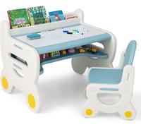 COSTWAY Table d'enfant avec plateau réglable en hauteur et en inclinaison, table d'enfant avec tabouret, pour dessiner, apprendre, jouer et manger, pour enfants à partir de 3 ans (bleu)