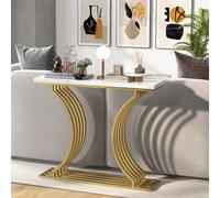 COSTWAY Table d'entrée dorée, table console moderne de 100 cm avec plateau blanc en marbre artificiel, table basse étroite avec pieds métalliques géométriques pour salon, entrée, foyer