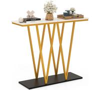 COSTWAY Table d'entrée dorée, table console moderne de 100 cm avec plateau en marbre artificiel et cadre métallique, table fine avec plateau de rangement blanc