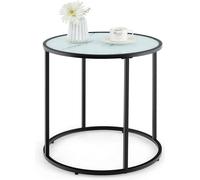 COSTWAY Table d'extrémité en verre, table d'appoint ronde de 50 cm avec cadre métallique et plateau en verre imitation marbre, table basse moderne noire & blanche