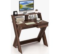 COSTWAY Table d'ordinateur avec tiroir, bureau avec rehausse d'écran, table de travail en X, en bois, pour les petites pièces de la maison et du bureau, 90 x 61 x 94 cm (noyer)