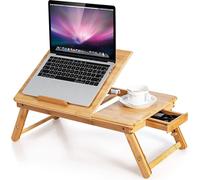COSTWAY Table d'ordinateur portable en bambou pliable, table d'ordinateur portable réglable en hauteur & inclinable & ventilée, Lapdesk avec tiroir, table de lit pliable pour lecture petit déjeuner, n