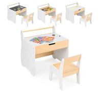 COSTWAY Table Enfant 3 en 1 et Chaise, Plateau Amovible, Rangement, Porte-rouleau de Papier pour Crèche et Salle de Jeux Naturel