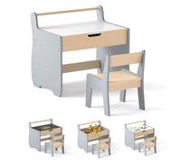 COSTWAY Table Enfant 3 en 1 et Chaise, Plateau Amovible, Rangement, Porte-rouleau de Papier pour Crèche et Salle de Jeux Gris