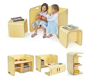 COSTWAY Table Enfant avec 2 Chaise en Forme U, Table d’Activités en Bois avec Poignée Ergonomique, Banc et Étagère, Charge 50/100kg pour Enfant de 2-9 Ans