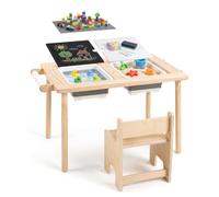 COSTWAY Table Enfant avec 2 Chaises & 2 Plateaux Réversible, avec 1 Chaise | Tableau Noir & Blanc, Réglable en Hauteur, 2 Bacs Pliables, Table d'Activité Sensoriellle pour Graffiti et Blocs, 3 Ans+