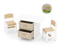 COSTWAY Table Enfant avec 2 Chaises & 2 Tiroirs en Tissu & Puzzle, Bureau Enfants en Bois avec Design Ergonomique, Coins Arrondis, Charge 50kg pour Tout-Petits de 3 Ans+, 71x48x50cm (Beige)