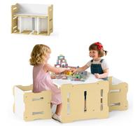 COSTWAY Table Enfant avec 2 Chaises, Bureau Enfant et Table d'Activités avec Coins Arrondis, Poignées, Charge 50/35 kg, pour Salle de Jeux, Chambre d'enfant, Maternelle, Gain de Place (Naturel)