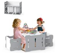 COSTWAY Table Enfant avec 2 Chaises, Bureau Enfant et Table d'Activités avec Coins Arrondis, Poignées, Charge 50/35 kg, pour Salle de Jeux, Chambre d'enfant, Maternelle, Gain de Place (Gris)