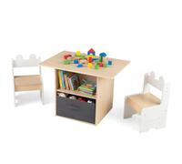 COSTWAY Table Enfant avec 2 Chaises en Bois, Table et Chaises Enfant avec 2 Compartiments Ouverts, Tiroir Pliable en Tissu, Patins Antidérapants, Bureau pour Dessiner Jouer, Charge 20/30kg, 3 Ans+