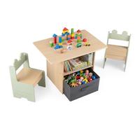 COSTWAY Table Enfant avec 2 Chaises en Bois, Table et Chaises Enfant avec 2 Compartiments Ouverts, Tiroir Pliable en Tissu, Patins Antidérapants, Bureau pour Dessiner Jouer, Charge 20/30kg, 3 Ans+