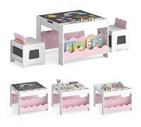 COSTWAY Table Enfant avec 2 Chaises et Plateau Réversible et Tableau Noir (Rose)