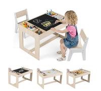 COSTWAY Table Enfant avec 2 Chaises et Plateau Réversible, Table Enfant avec Rangement et 6 Compartiments Latéraux, Tableau Noir et Blanc pour Jouer Dessiner, Bureau à Dessin pour 3 Ans+ (Naturel)