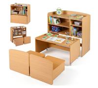 COSTWAY Table Enfant avec 2 Chaises Mobiles et Bibliothèque (Naturel) | Compartiments Ouverts et Étagères Réglables, Bureau Mobile, Roulettes Verrouillables, Meuble Rangement pour Chambre Salon