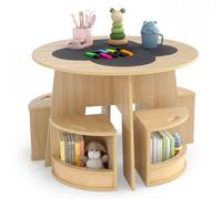 COSTWAY Table Enfant avec 4 Chaises Empilables, Table et Chaises Montessori en Forme Fleur, Espace de Rangment Intégré, Bureau Ronde pour Salle de Jeux Chambre d'enfant, Charge 30kg, 3 Ans+(Naturel)