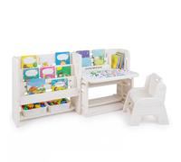 COSTWAY Table Enfant avec Chaise en HDPE, Table et Chaise Enfant avec Bibliothèque et Tableau Blanc Effaçable & Inclinable, 2 Paniers et Étagères Ouvertes, Charge 20kg pour 3 Ans+