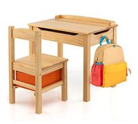 COSTWAY Table Enfant avec Chaise & Plateau Rabattable, Bureau Enfants en Bois avec Espace de Rangement, Crochet Latéral, Charge 70kg pour Tout-Petits de 3 Ans+, 59 x 40 x 55 cm (Naturel)