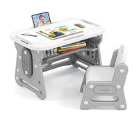 COSTWAY Table Enfant avec Chaise, Table à Dessin Réglable en Hauteur avec Tableau Blanc Inclinable, 5 Stylos & Gomme, Étagère de Rangement, Chaise Ergonomique, Charge 30/50 kg, 3+ Ans (Gris)