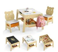COSTWAY Table Enfant avec Chaise, Table et 2 Chaises Enfant avec Tableau Noir et Blanc, 3 Bacs en Tissu et 4 Crochets, Espace Caché, Petit Bureau en Bois, Charge50kg pour 3-10 Ans (Naturel,Style 1)