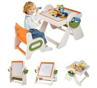 COSTWAY Table Enfant avec Chaise & Tableau Blanc & Plateau Blocs de Construction, Chevalet Réglable en Hauteur, Table Sensorielle en HDPE avec Étagère, 2 Paniers, Charge 50 kg, 18+ Mois (Orange)