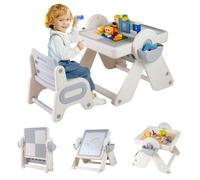 COSTWAY Table Enfant avec Chaise & Tableau Blanc & Plateau Blocs de Construction, Chevalet Réglable en Hauteur, Table Sensorielle en HDPE avec Étagère, 2 Paniers, Charge 50 kg, 18+ Mois (Gris)