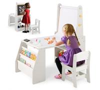 COSTWAY Table Enfant avec Chaise & Tableau Noir & Tableau Blanc, Table à Dessin avec 2 Étagères Ouvertes & Bibliothèque, Rouleau de Papier, Bureau Enfant avec Rangement, Chevalet pour 3 Ans+ (Gris)