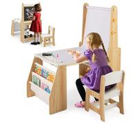 COSTWAY Table Enfant avec Chaise & Tableau Noir & Tableau Blanc, Table à Dessin avec 2 Étagères Ouvertes & Bibliothèque, Rouleau de Papier, Bureau Enfant avec Rangement, Chevalet pour 3 Ans+ (Naturel)