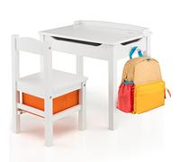 COSTWAY Table Enfant avec Chaises & Plateau Rabattable, Bureau Enfants en Bois avec Espace de Rangement, Crochet Latéral, Charge 70kg pour Tout-Petits de 3 Ans+, 59 x 40 x 55 cm (Blanc)