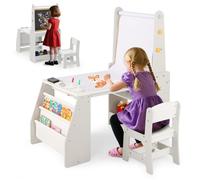 COSTWAY Table Enfant avec Chevalet 3 en 1 et Chaise - Tableau Blanc et Noir, Rouleau de Papier 2 Étagères Ouvertes et 2 Niveaux