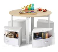 COSTWAY Table Enfant Ronde avec 4 Chaises Empilables, Table d’Activité en Bois avec 4 Tiroirs en Tissu Pliable, Bureau Montessori pour Salle de Jeux Chambre d'enfant, Charge 50/90 pour 3 Ans+