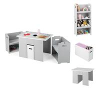 COSTWAY Table Enfants avec 2 Chaises, 4 en 1 Convertible, Coins Arrondis et Boucle de Sécurité, avec Banc de Rangement , 3 Ans+