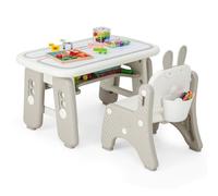 COSTWAY Table Enfants avec Chaise en Forme Lapin & 3 Hauteurs Réglable, Table à Dessin Magnétique avec 12 Stylos & 26 Lettres, Espace de Stockage, Charge 68kg pour Enfants de 1-12 Ans