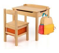 COSTWAY Table et Chaise Enfants - Plateau Rabattable, Espace de Stockage Caché, 1 Tiroir de Rangement, 1 Crochet pour Sac Naturel