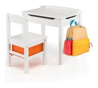 COSTWAY Table et Chaise Enfants - Plateau Rabattable, Espace de Stockage Caché, 1 Tiroir de Rangement, 1 Crochet pour Sac Blanc