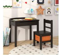 COSTWAY Table et Chaise Enfants - Plateau Rabattable, Espace de Stockage Caché, 1 Tiroir de Rangement, 1 Crochet pour Sac Café