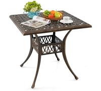 COSTWAY Table Jardin Carrée Antique 80 CM 4 Personnes, Table de Patio en Fonte d'Aluminium avec Trou pour Parasol 4,8 CM Pieds Réglables Antidérapants, pour Patio Piscine Terrasse, Bronze