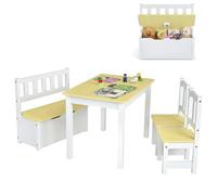 COSTWAY Table Multifonctionnelle Enfants avec 2 Chaises et 1 Banc de Rangement, Table d’Activités en Bois avec Design Ergonomique pour Jouer Dessiner Lire et Manger, 70 x 48 x 51 cm (Naturel)