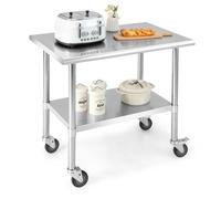 CostwayTable de Préparation à Roulettes Desserte de Cuisine 2 Niveaux en Acier Inox&Acier Galvanisé 915x61x885cm Argenté