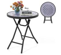 COSTWAY Table Pliante de Jardin 46 cm, Plateau en Verre Trempé, Table Ronde pour Intérieur Extérieur, pour Cour Porche Salon, Gris